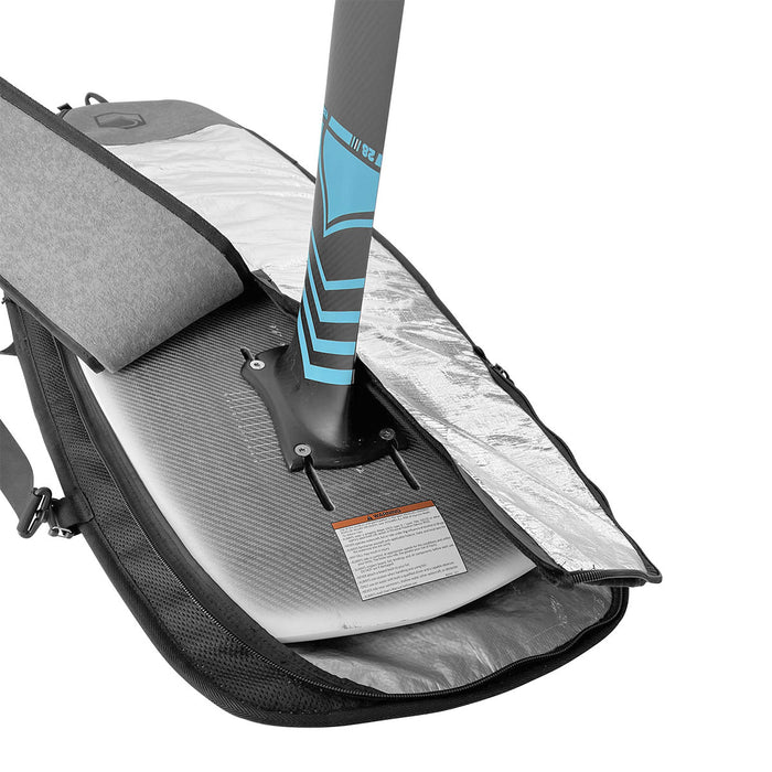 A partially open Foil Board Bag reveals a blue and black foil board with mounted hydrofoil inside.