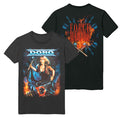 This black Doro t-shirt shows a blonde woman with a sledgehammer amid blue and orange flames, with "DORO" above. The back features "FORCE MAJEURE" in bold red atop a fiery background.