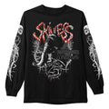 Black Skinless heavy cotton long-sleeve with white and red “Saviors” text, printed gas mask figure, barbed wire and skull sleeve graphics, plus “Foreshadowing is wise” and “25 years” on the front.