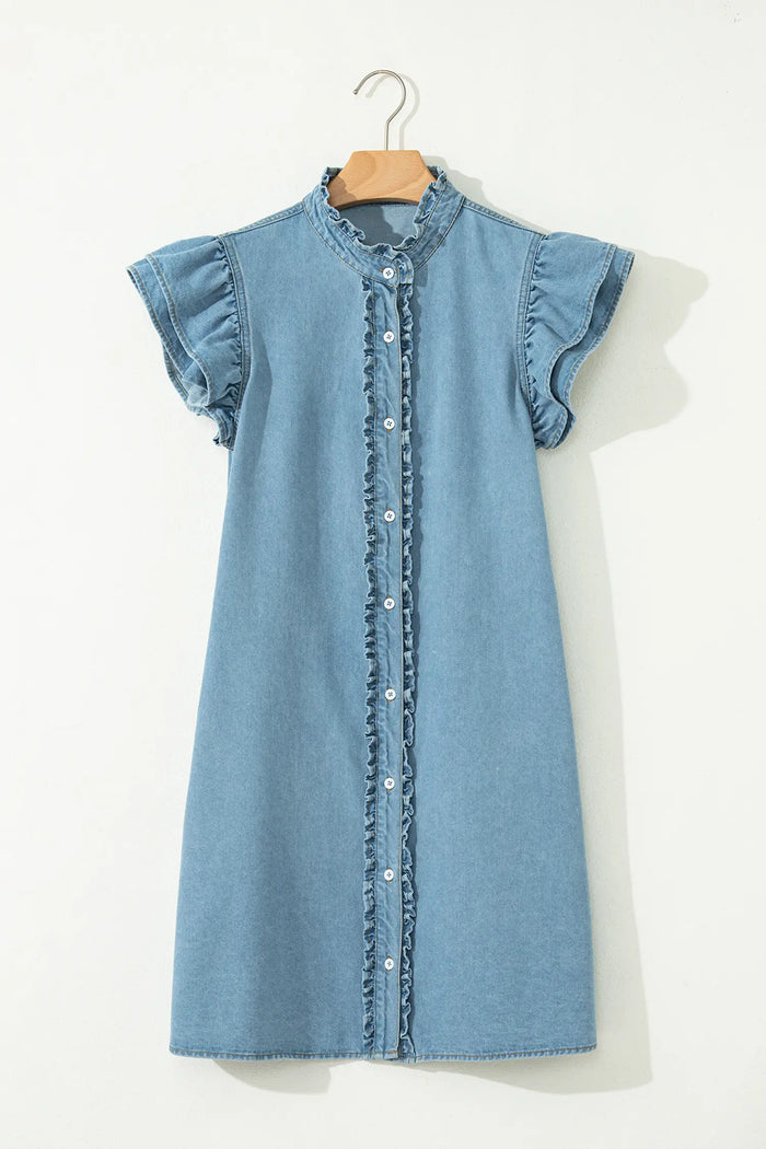 Frilled Detail Button Down Ruffle Short Sleeve Denim Mini Dress
