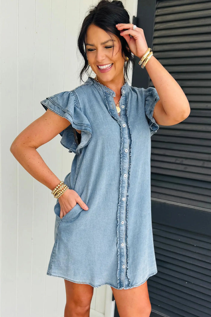 Frilled Detail Button Down Ruffle Short Sleeve Denim Mini Dress