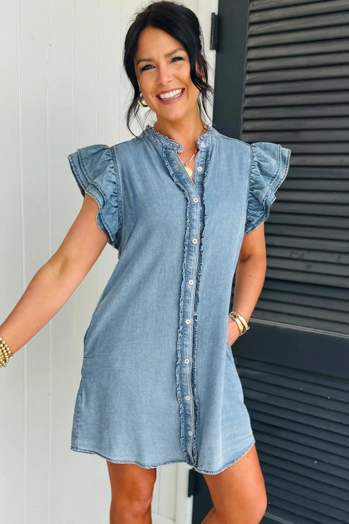 Frilled Detail Button Down Ruffle Short Sleeve Denim Mini Dress