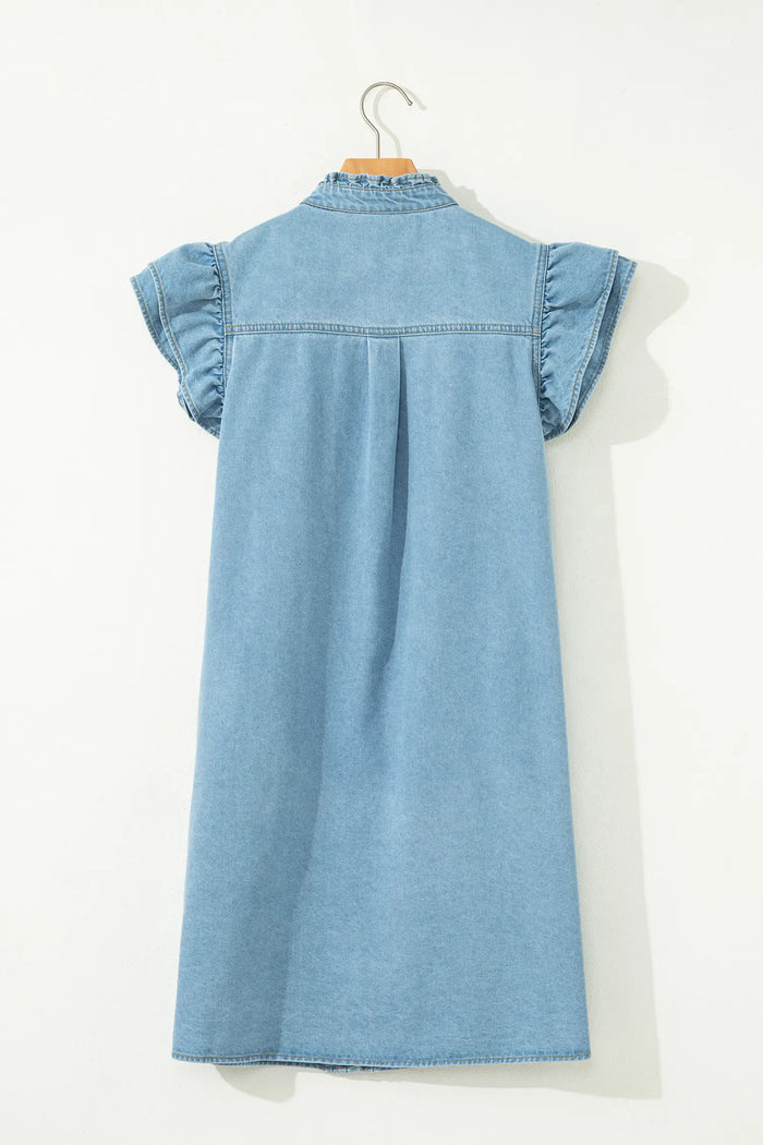 Frilled Detail Button Down Ruffle Short Sleeve Denim Mini Dress