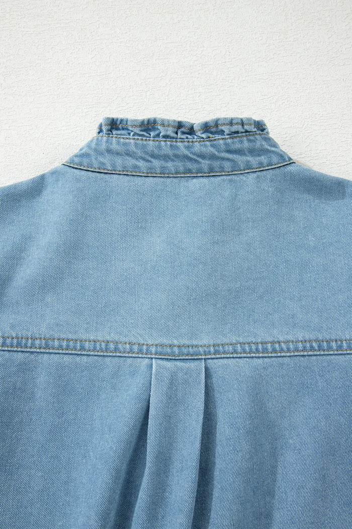 Frilled Detail Button Down Ruffle Short Sleeve Denim Mini Dress