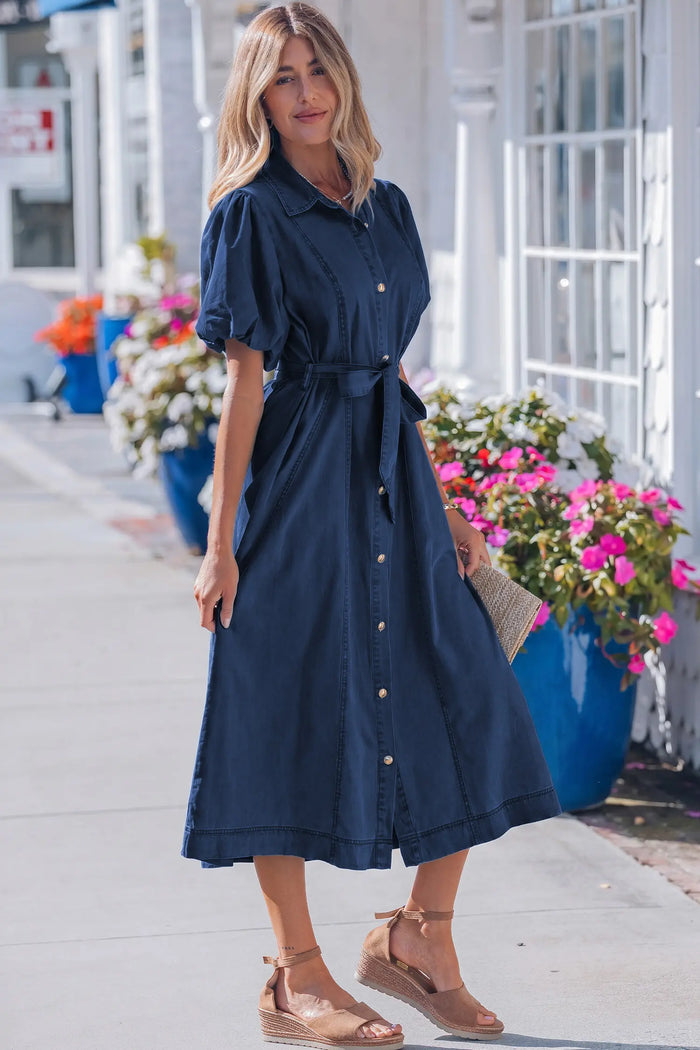 Full Button Collared Bubble Sleeve Long Denim Dress