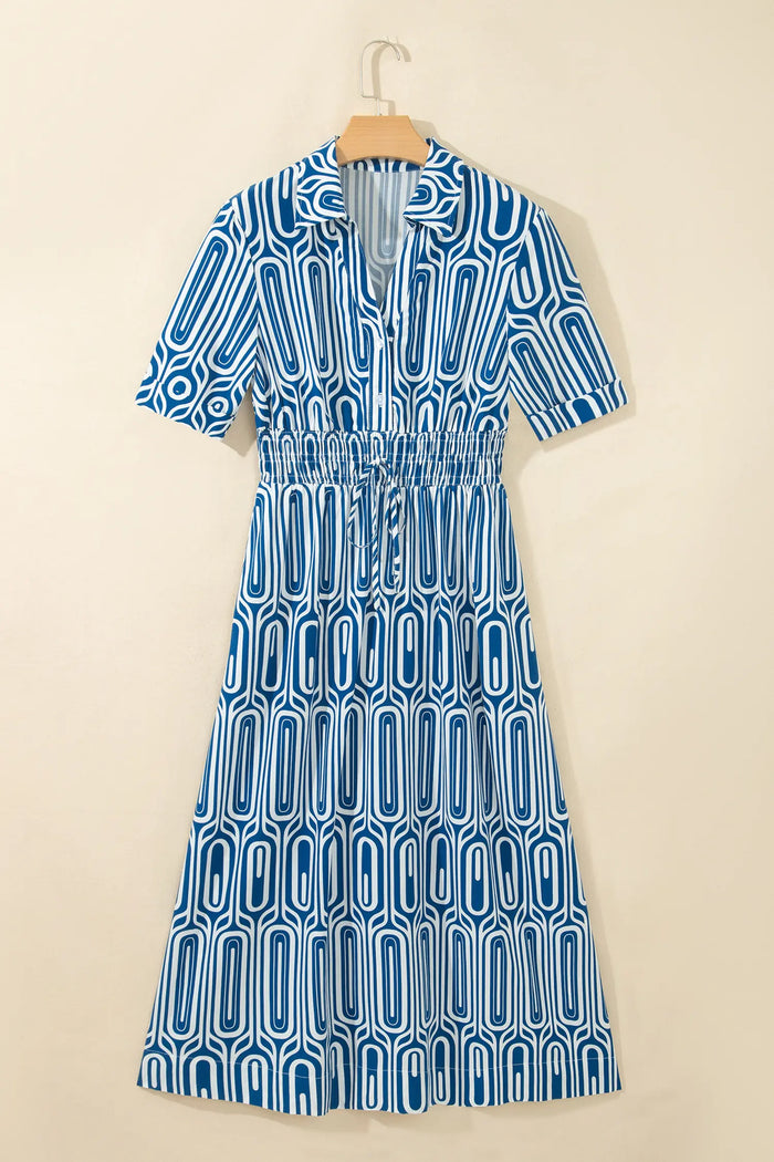 Geometric Print Short Sleeve Drawstring Shirt Collar Dress – Blue