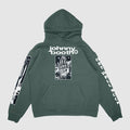 A green Johnny Booth Comfort Colors hoodie featuring “johnny booth” text and a skeletal hand on the front, X-ray bone graphics on one sleeve, and “GET WELL SOON” in white on the other—premium printed garment.