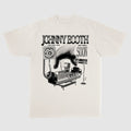 Johnny Booth white t-shirt by Comfort Colors features a black graphic of a hospital bed with medical equipment. Text reads JOHNNY BOOTH, NEW YORK - 2023, and GET WELL SOON—a standout among printed garments.