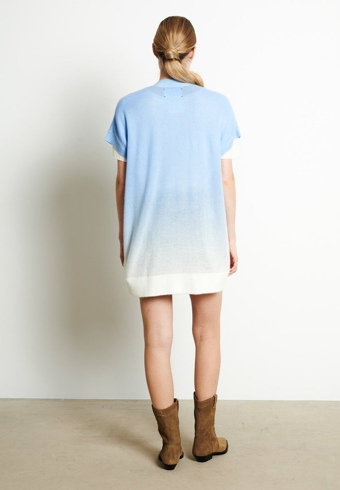 AVA 11 Kimono en cachemire tie & dye blanc écru imprimé bleu ciel