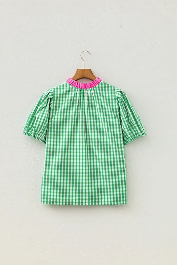 Gingham Plaid Bubble Sleeve Colorblock Trim V Neck Blouse – Green
