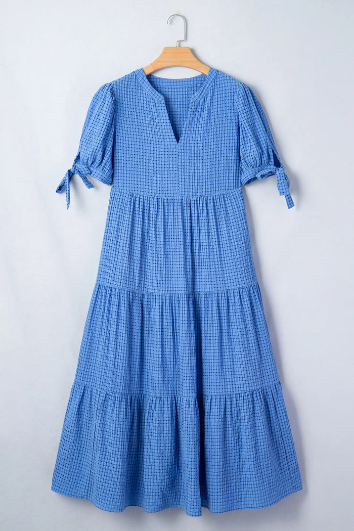 Gingham Textured Bow Tie Sleeve Tiered Midi Dress with Pockets