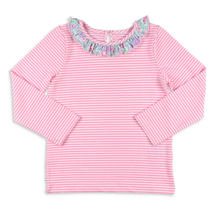 Girls Ruffle Neck Top - Pink Stripe