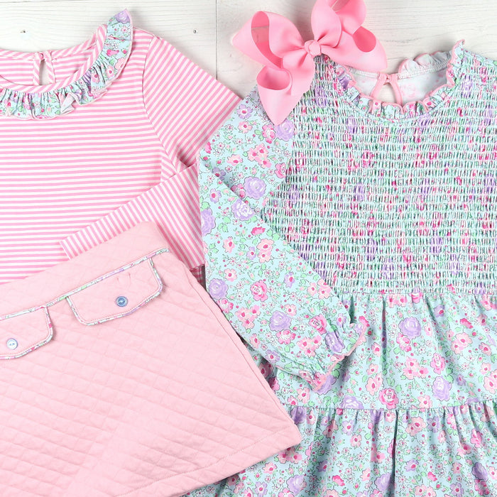 Girls Ruffle Neck Top - Pink Stripe