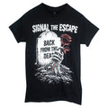 Signal The Escape black T-shirt with a grave design, gravestone reading SIGNAL THE ESCAPE and BACK FROM THE DEAD, plus a skeletal hand rising from the earth holding a red rose.