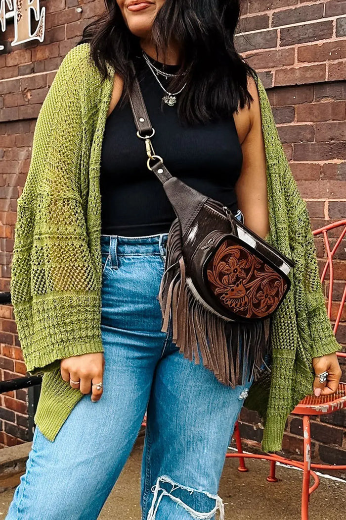 Green Oversized Crochet Knit Open Cardigan