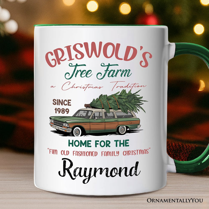 Griswold’s Tree Farm Personalized Mug, Retro Family Christmas Vacation Gift with Custom Name Personalized Ceramic Mug OrnamentallyYou White - Green Customized