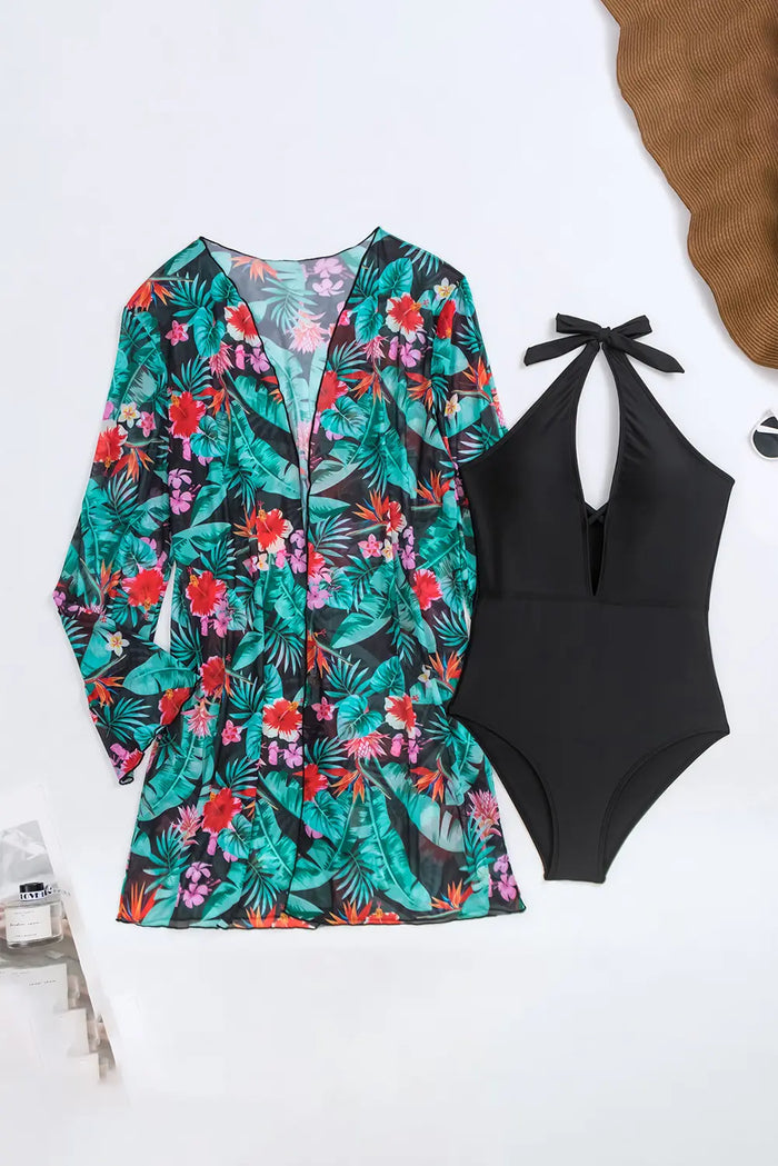 Halter Neck Keyhole Monokini with Floral Beach Cover-Up