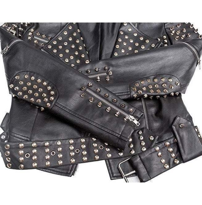 Handmade Women Black Punk Silver Spiked Studded Leather Biker Jacket - Leather Outlet