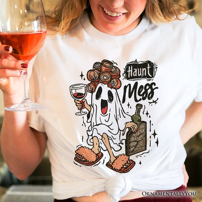 Haunt Mess Wine-Loving Ghost T-Shirt, Funny Halloween Tee with Spooky Ghost T-Shirts OrnamentallyYou