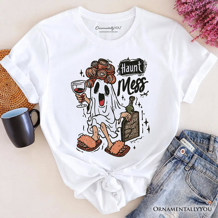 Haunt Mess Wine-Loving Ghost T-Shirt, Funny Halloween Tee with Spooky Ghost T-Shirts OrnamentallyYou White XS
