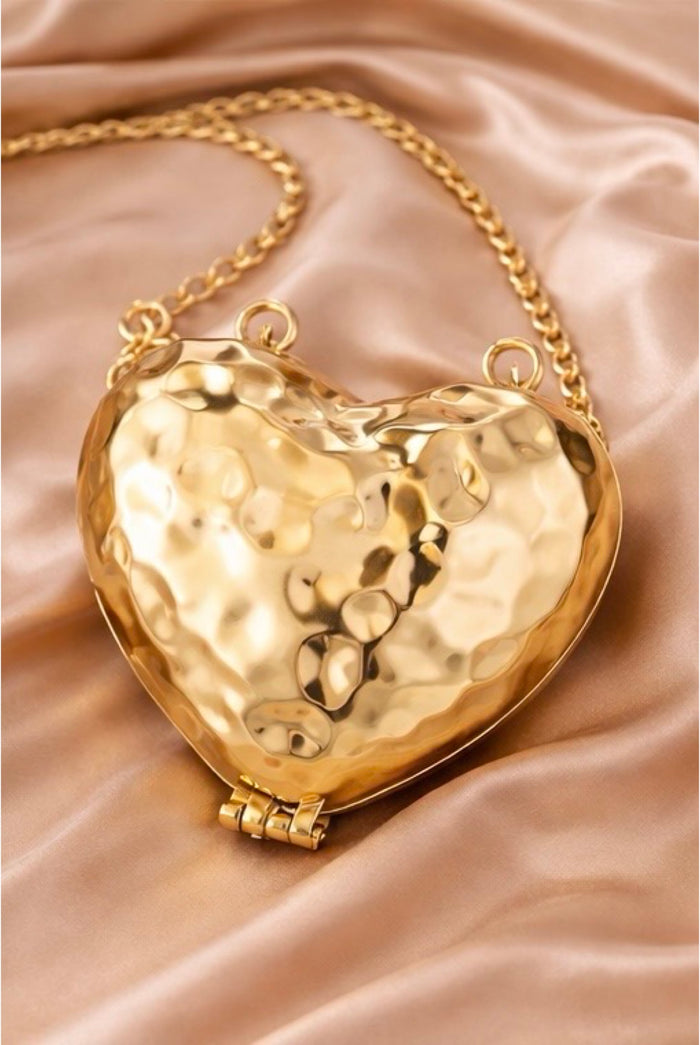 Heart Shaped Hammered Metal Coin Purse With Chain
