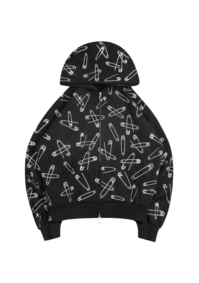 HEIST RHINESTONE SAFETY PIN ZIP HOODIE BLACK
