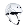 White Hero Helmet with gray straps, black inner padding, vents, and a Sweat Saver liner inside.