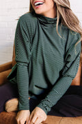 High Neck Dropped Shoulder Long Sleeve Casual Top – Green Stripe