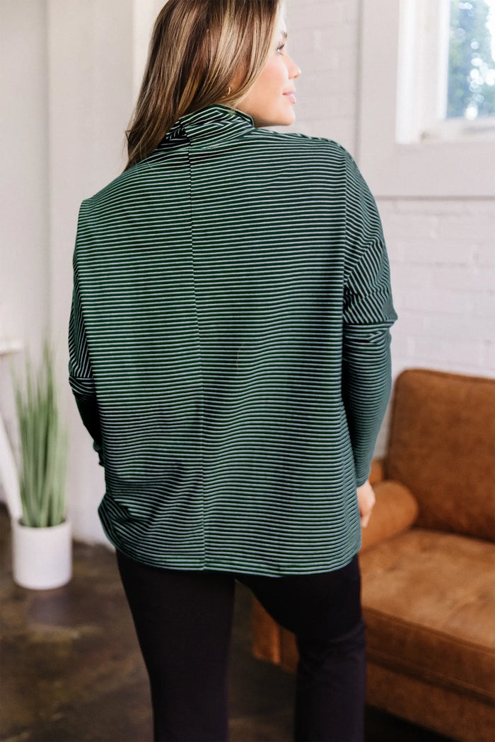 High Neck Dropped Shoulder Long Sleeve Casual Top – Green Stripe