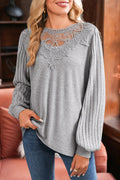 Hollowed Lace Ribbed Knit Long Sleeve Patchwork Top - Gray / S - Tops/Long Tops