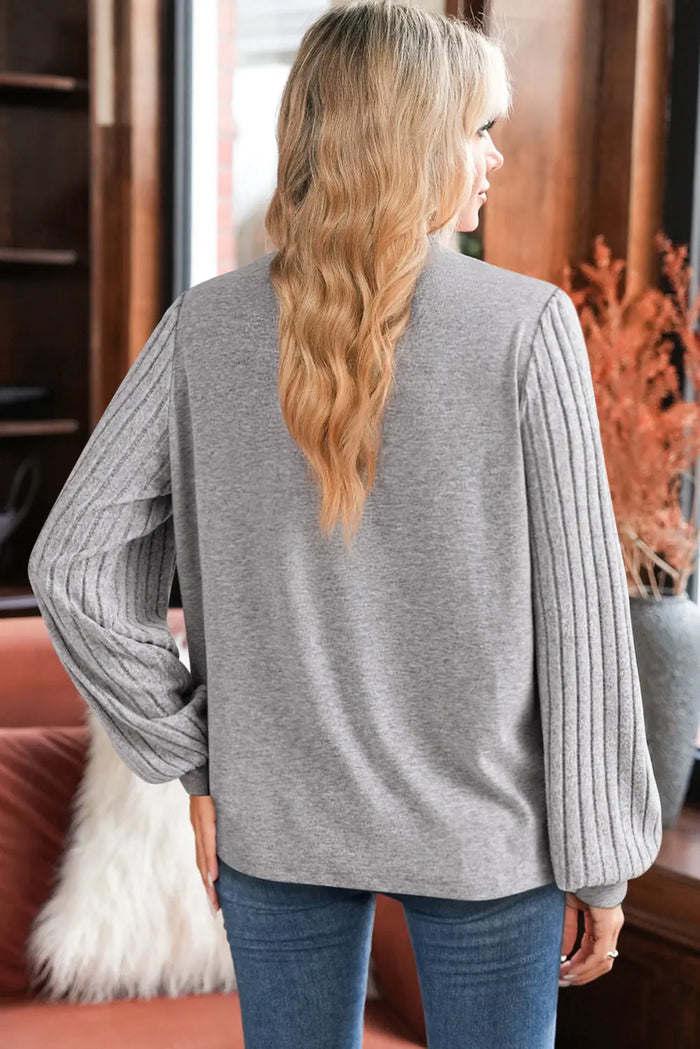 Hollowed Lace Ribbed Knit Long Sleeve Patchwork Top - Tops/Long Tops