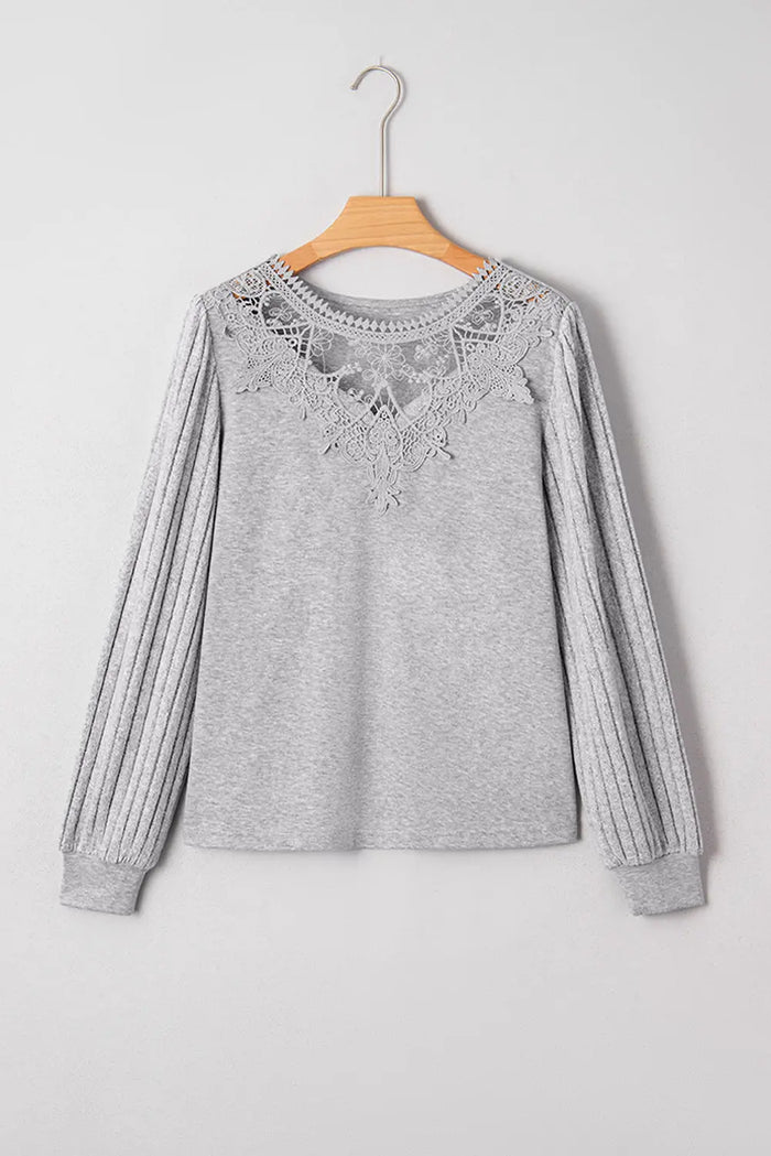 Hollowed Lace Ribbed Knit Long Sleeve Patchwork Top - Tops/Long Tops