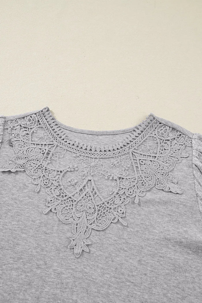 Hollowed Lace Ribbed Knit Long Sleeve Patchwork Top - Tops/Long Tops