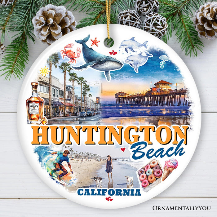 Huntington Beach Heritage Ornament, California Surf Culture Christmas Souvenir and Gift Ceramic Ornament OrnamentallyYou Circle