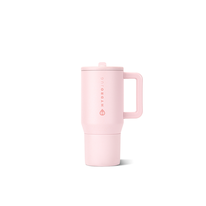 Termo con popote HydroJug Traveler de 592 ml en color Pink Sand, vista frontal con asa #color_Pink Sand