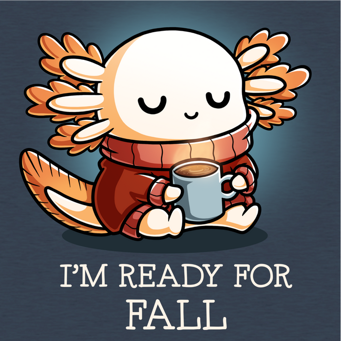 Classic Cotton T-shirt_TeeTurtle gray I'm Ready For Fall Classic Cotton T-shirt featuring a cute smiling axolotl wearing a cozy orange sweater and scarf while holding a warm mug beneath the phrase "I'm Ready For Fall."