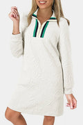 Jacquard Textured Quarter Zipper Shift Mini Dress - White / S - Dresses/Mini Dresses