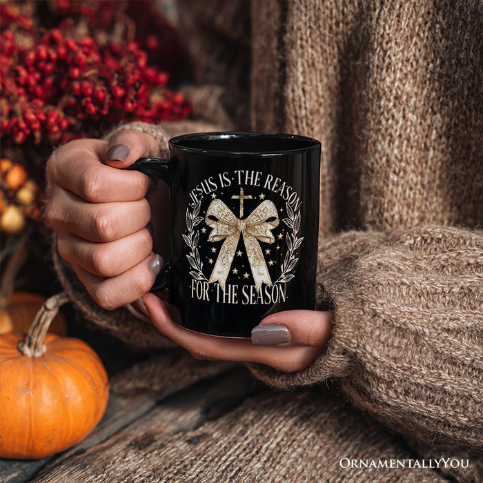 Jesus Is the Reason Christmas Personalized Mug, Coquette Gold Bow Cross Gift with Custom Name Personalized Ceramic Mug OrnamentallyYou