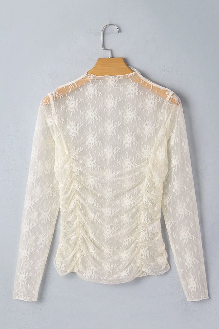 Jet Stream Sheer Floral Mesh Ruched Long Sleeve Top – Cream