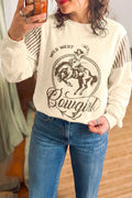 Jet Stream Western Print Striped Detail Long Sleeve Casual Top – Cream