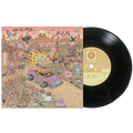 An illustrated vinyl record partially slides from a Sunbloc album cover showcasing a surreal desert, whimsical characters, and quirky creatures—reflecting Sunbloc’s alternative vibe and hardcore energy—in soft pastel colors.