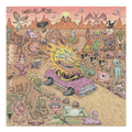 A surreal desert scene bursts with wild creatures, cactus people, a purple car with a yelling face, dancing animals, explosions, and a pink sky. The Sunbloc sun with eyes rises over mountains like an alt-music dream.