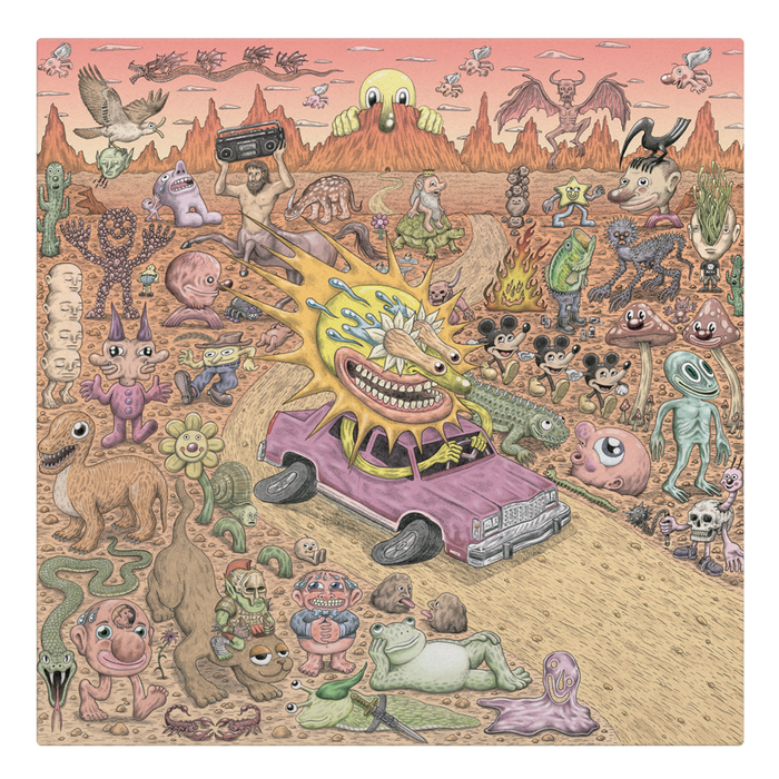 A surreal desert scene bursts with wild creatures, cactus people, a purple car with a yelling face, dancing animals, explosions, and a pink sky. The Sunbloc sun with eyes rises over mountains like an alt-music dream.