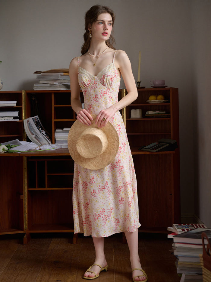 Juliana Lace Patchwork V-neck Floral Suspender Dress