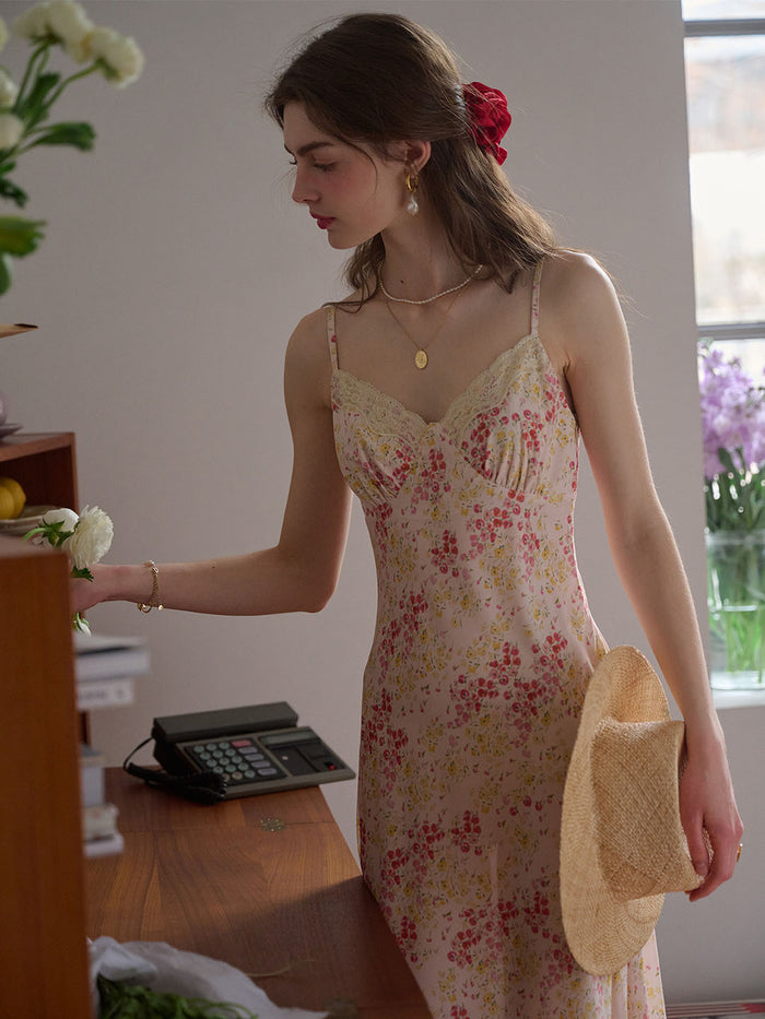Juliana Lace Patchwork V-neck Floral Suspender Dress