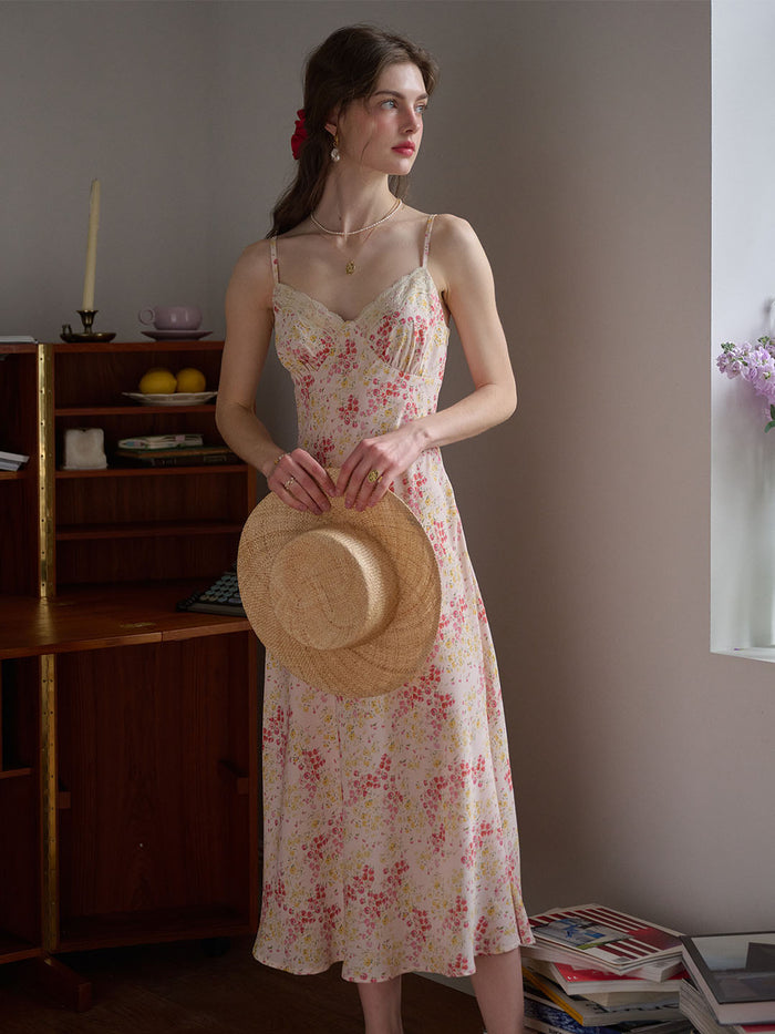 Juliana Lace Patchwork V-neck Floral Suspender Dress