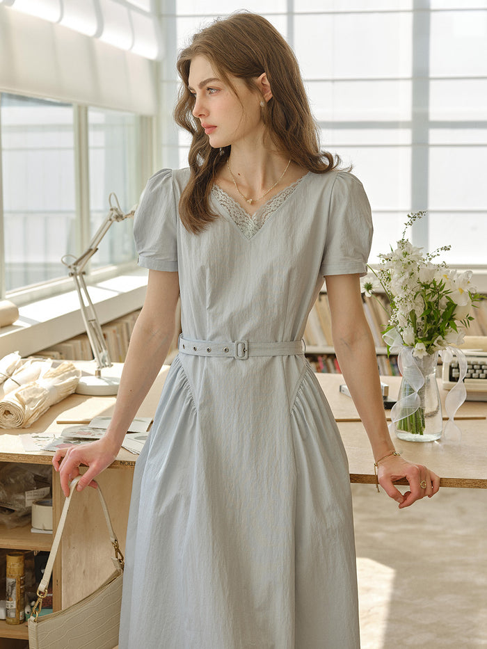 Juno V-Neck Lace Belted Waist Cotton Dress