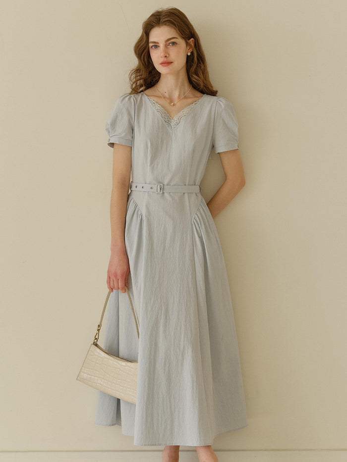 Juno V-Neck Lace Belted Waist Cotton Dress