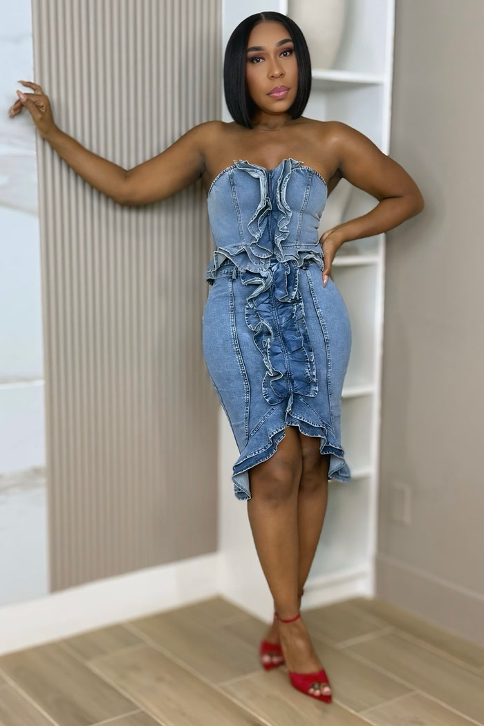 Kendria Denim Ruffle Skirt Set