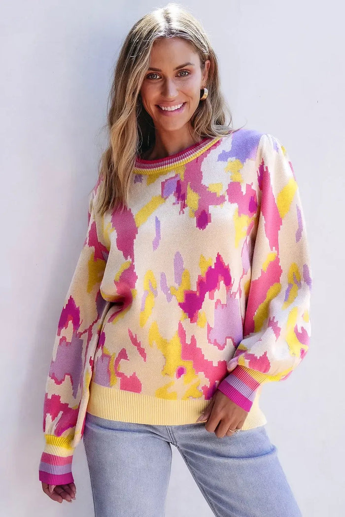 Shop Khaki Abstract Print Colorblock Balloon Sleeve Sweater at eAura